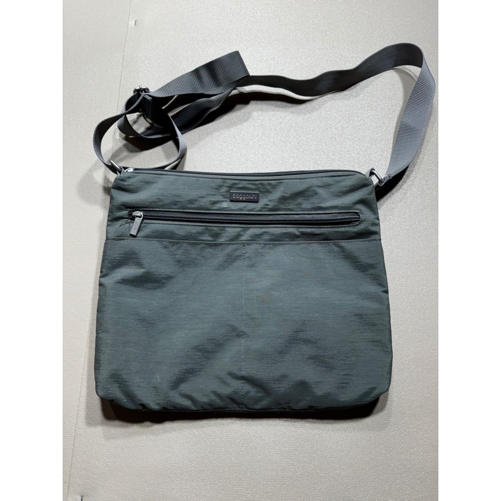 Baggallini Crossbody Bag‎ Gray Nylon Multi Pocket Travel Purse Yellow Lining
